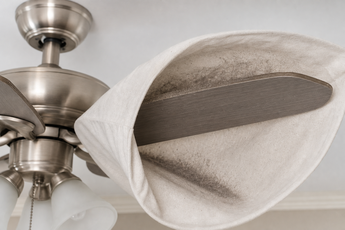 Pillowcase method for containing ceiling fan dust.