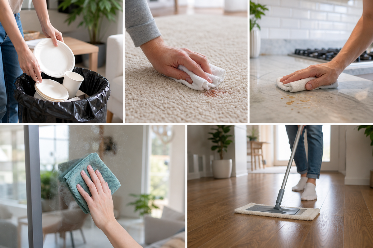 Post-party cleaning sequence that removes trash first and cleans floors last.