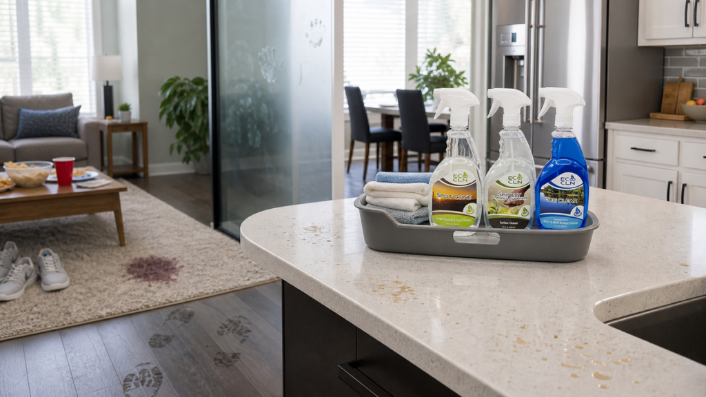 Post-party cleanup supplies beside carpet, counter, floor, and glass messes.