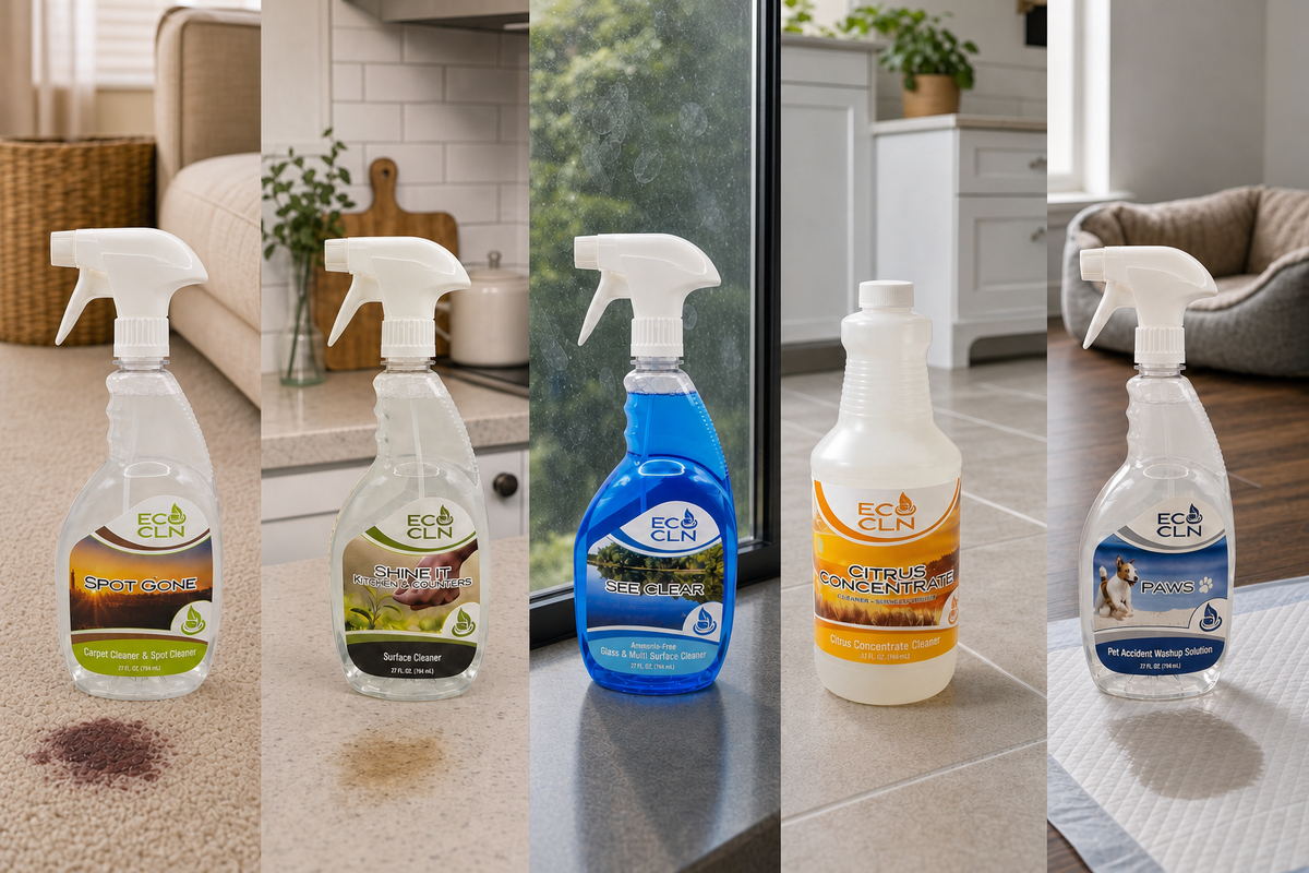 Eco Cln products matched to carpet, counter, glass, floor, and pet cleanup zones.