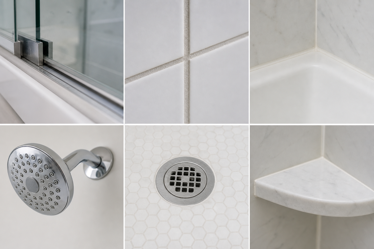Shower tracks, grout, caulk, fixtures, and drain areas to inspect monthly.