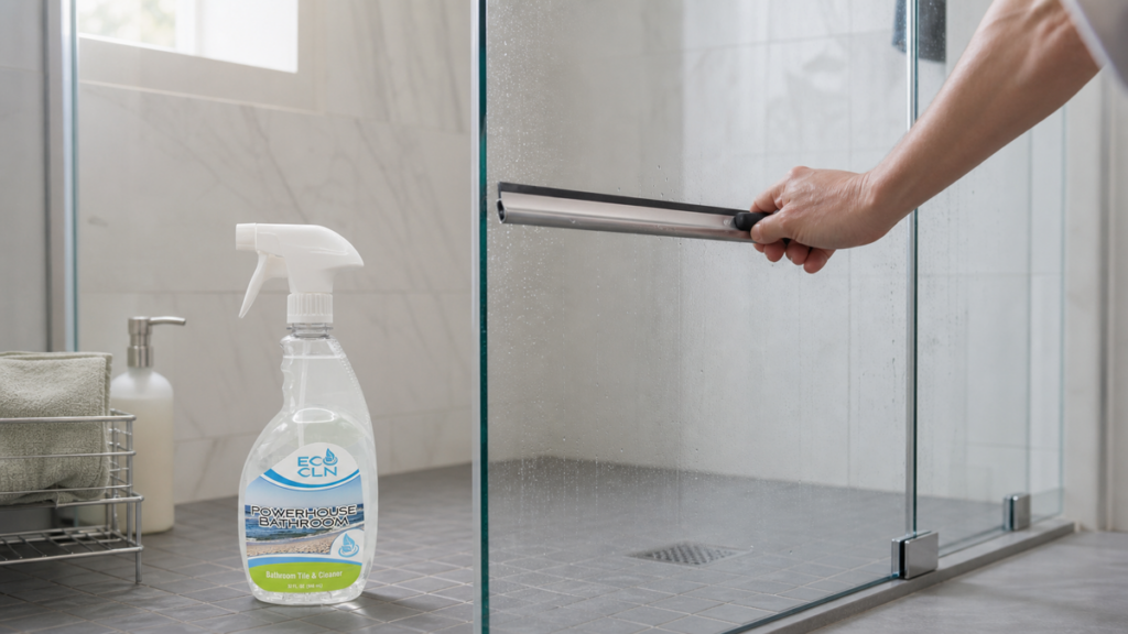 Routine shower maintenance with a squeegee and Powerhouse Bathroom nearby.