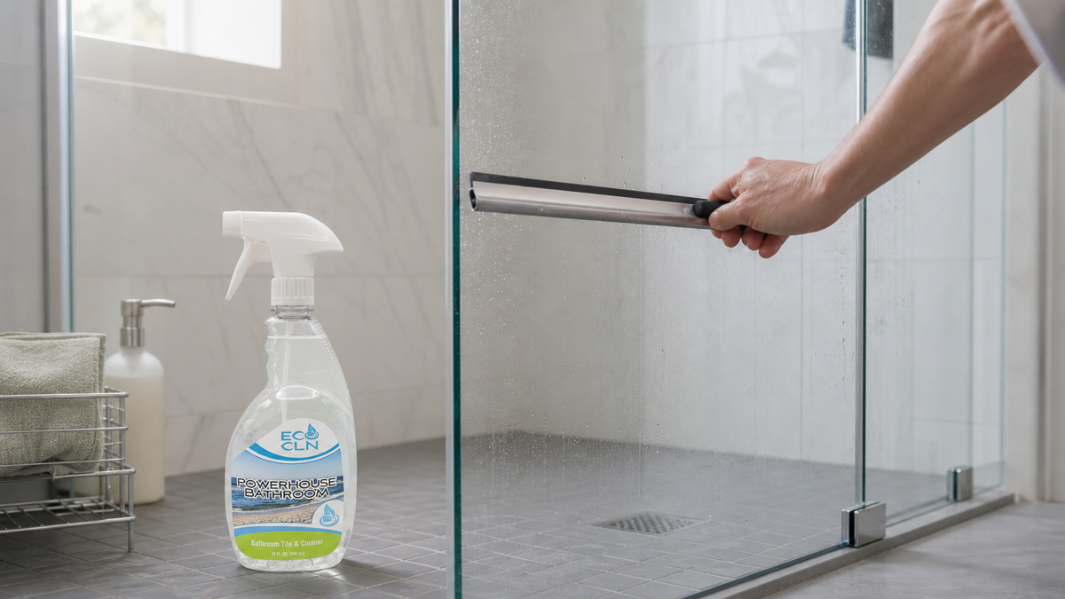 Routine shower maintenance with a squeegee and Powerhouse Bathroom nearby.