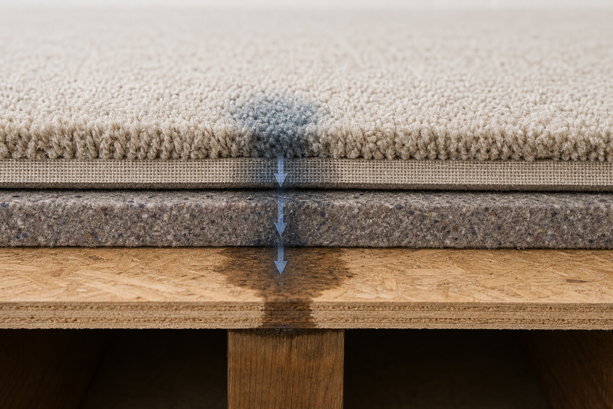 Carpet layers where repeat pet accident residue can remain below the visible surface.