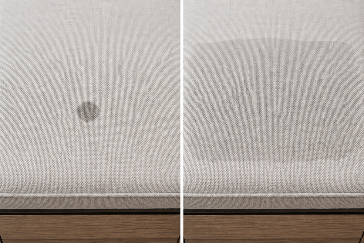 Uneven upholstery spot wetting compared with an even panel treatment when the care code allows it.