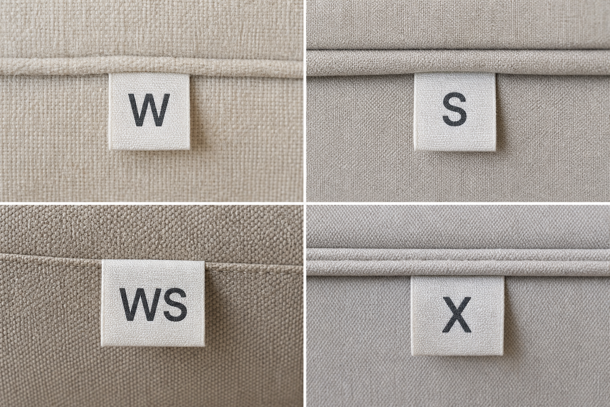 Upholstery cleaning-code tags showing W, S, WS, and X care categories.