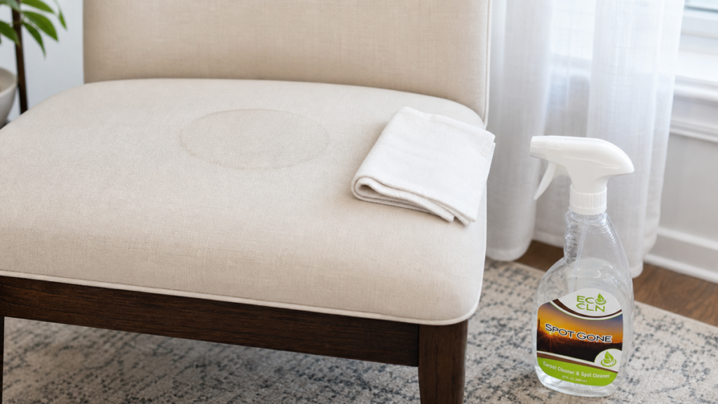 A subtle water ring on upholstery after spot cleaning with Spot Gone nearby.