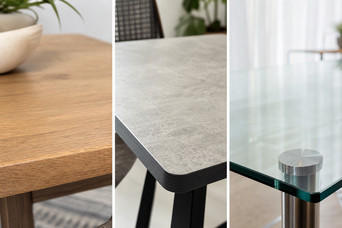 Different kitchen table materials that require different cleaning care.