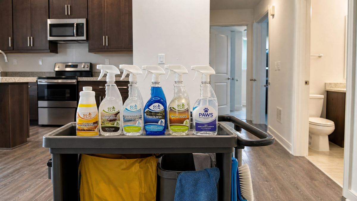 Rental turnover cleaning in an empty apartment using Eco Cln products.