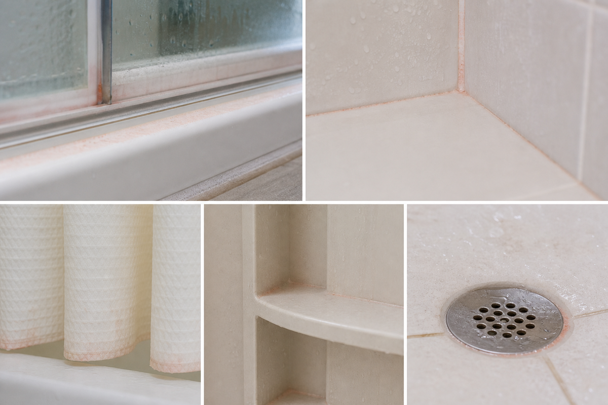 Damp shower areas where pink residue commonly appears.