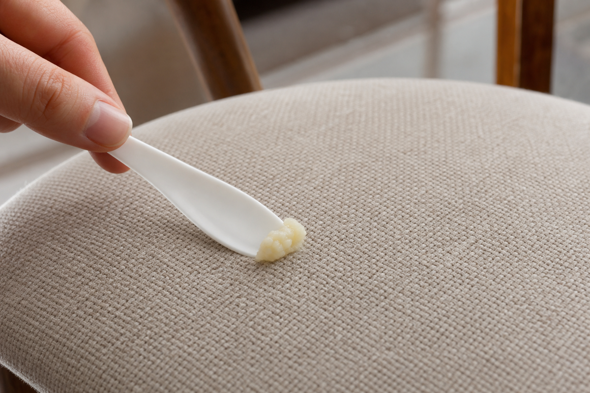 Removing solid food from an upholstered chair before spot cleaning.