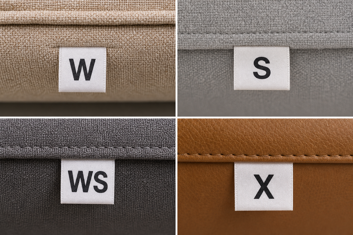 Upholstery cleaning-code tags showing W, S, WS, and X care categories.