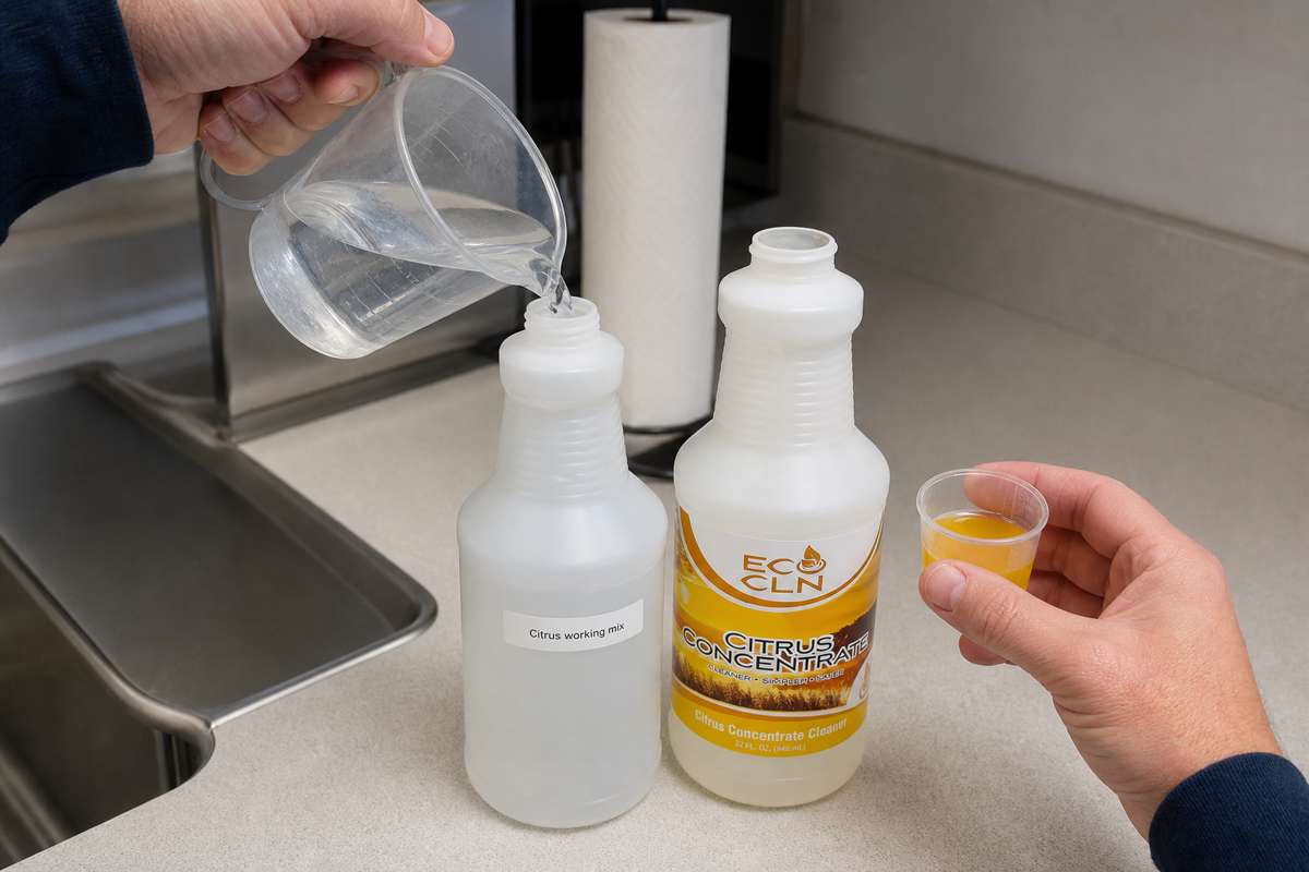 Mixing a labeled office cleaning bottle from Eco Cln Citrus Concentrate.