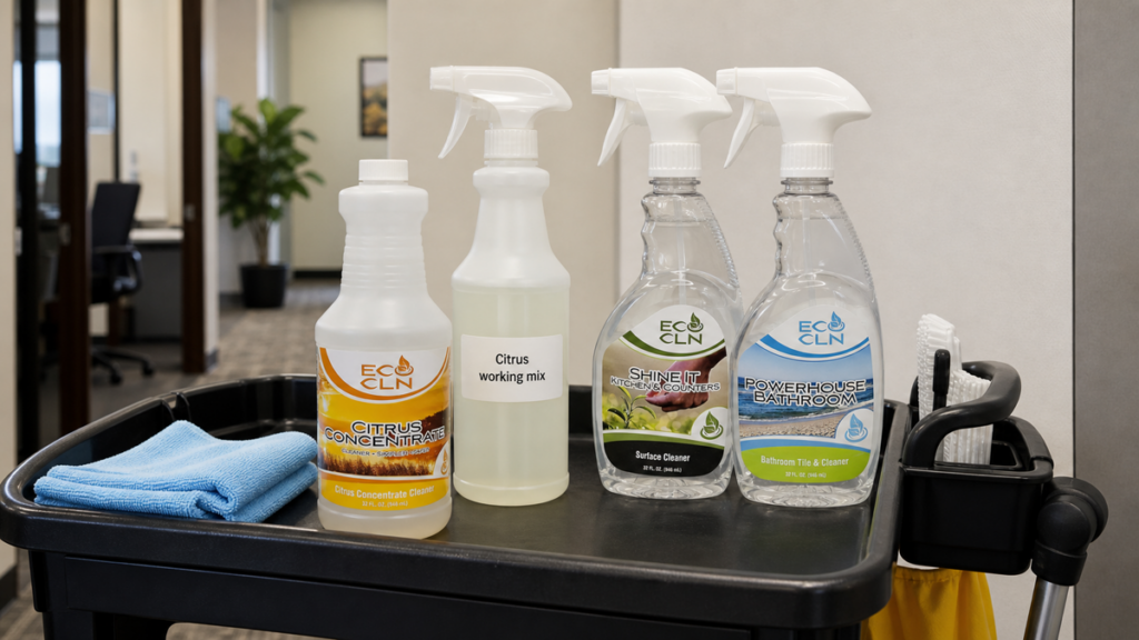 Office cleaning cart comparing Eco Cln Citrus Concentrate with ready-to-use cleaning bottles.