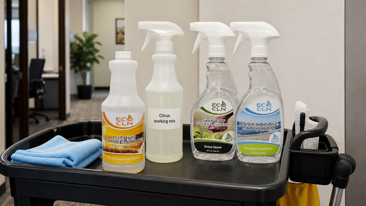 Office cleaning cart comparing Eco Cln Citrus Concentrate with ready-to-use cleaning bottles.