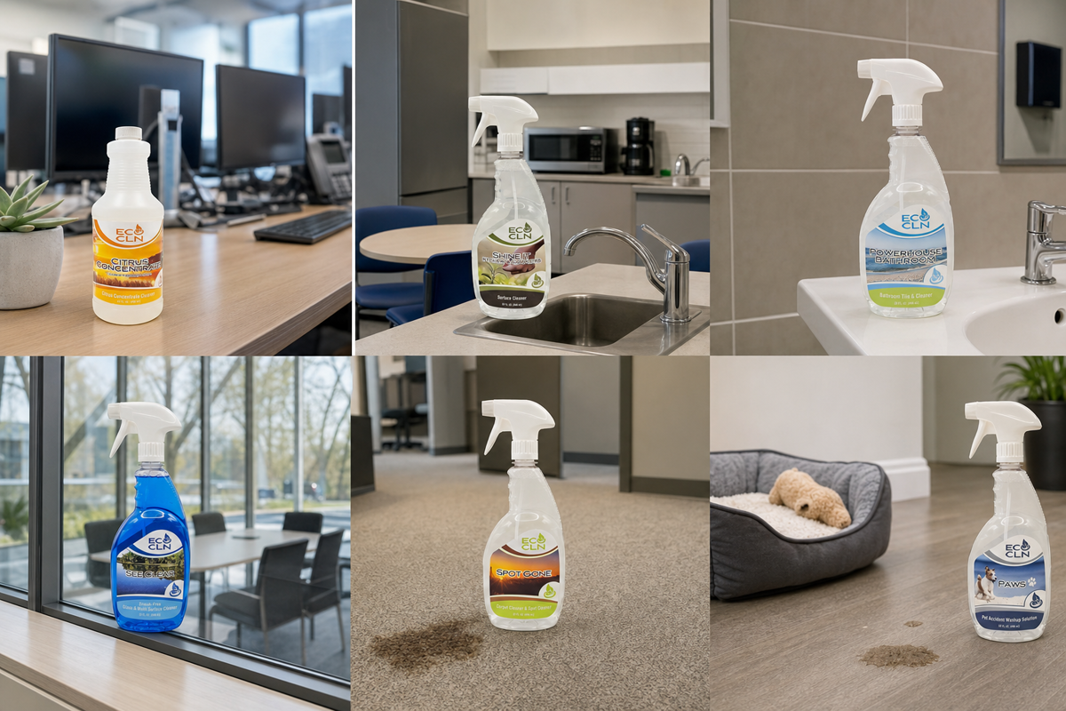 Eco Cln office cleaning products matched to different cleaning tasks.