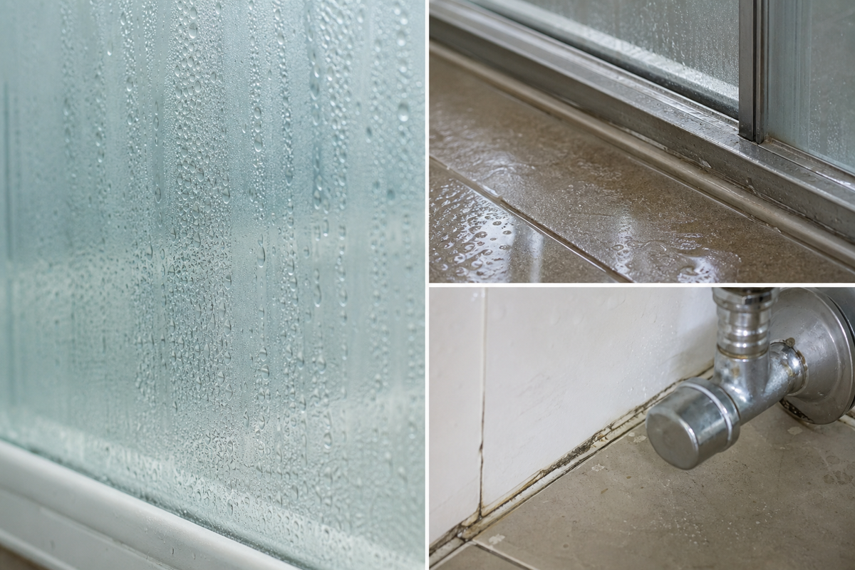Common bathroom moisture sources that can contribute to recurring mildew-like growth.