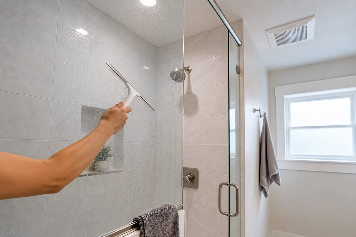 Drying shower surfaces and using bathroom ventilation to reduce recurring moisture.