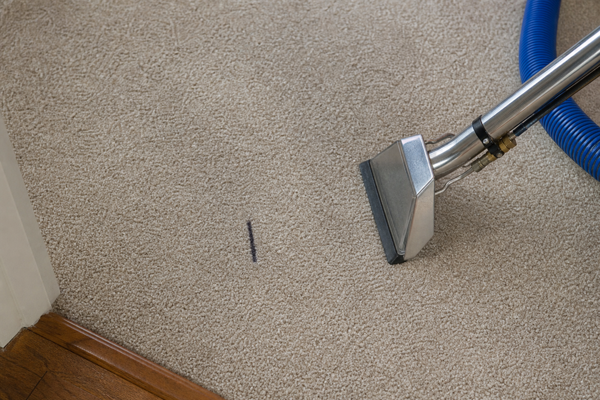 Permanent marker carpet stain that may require professional solvent-based spot treatment.