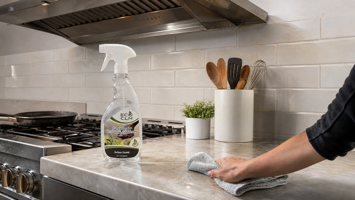 Routine kitchen grease cleaning with Eco Cln Shine-It near a stovetop, backsplash, and range hood.