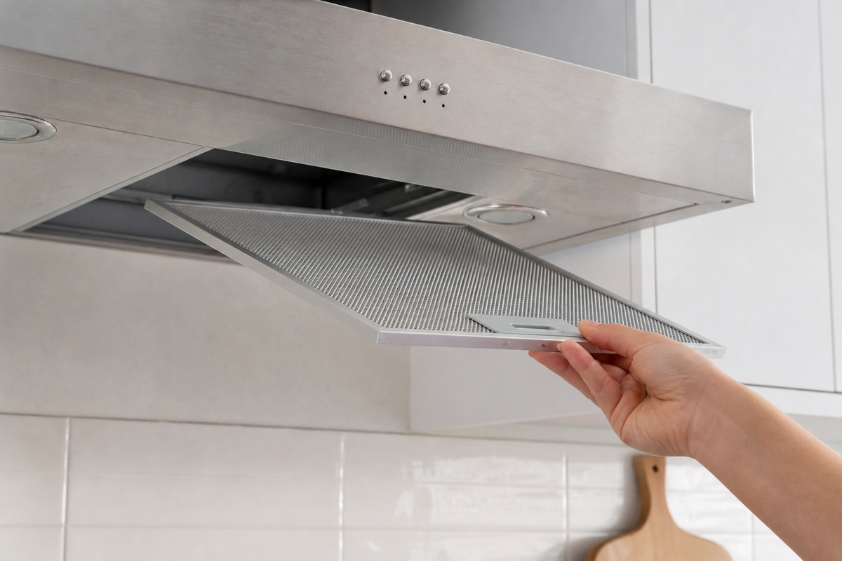 Inspecting a range-hood grease filter as part of monthly kitchen maintenance.