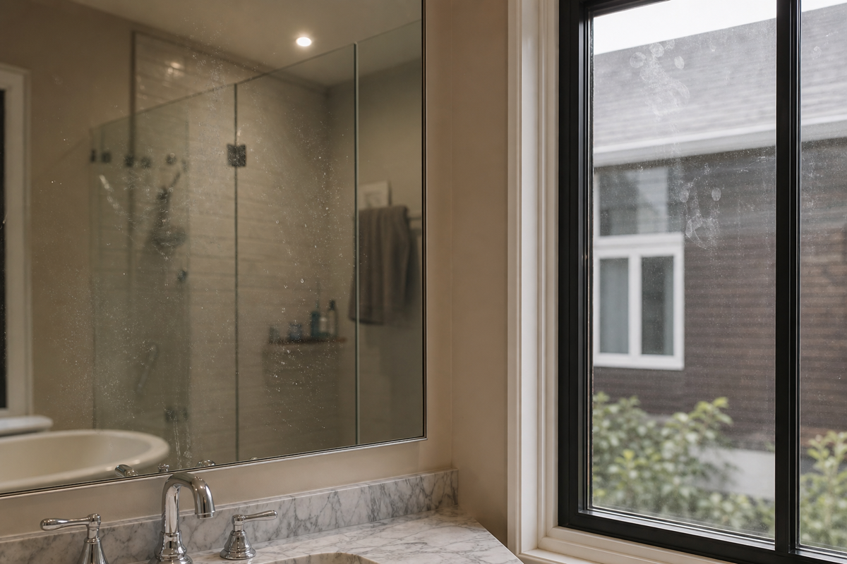 Bathroom mirror splash buildup compared with normal window dust and fingerprints.