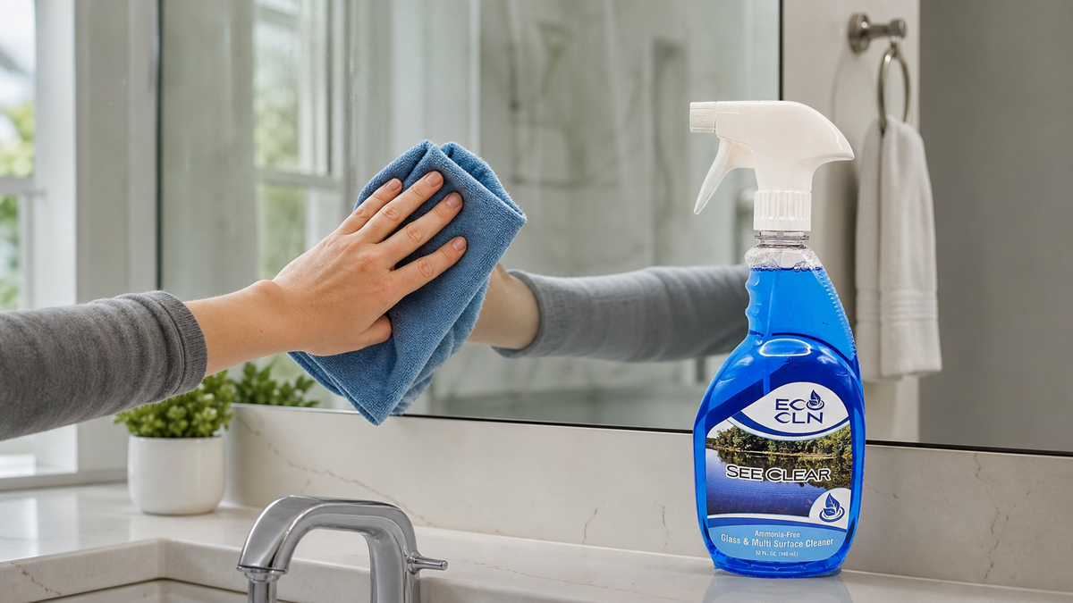 Routine window and mirror cleaning with Eco Cln See-Clear and microfiber.