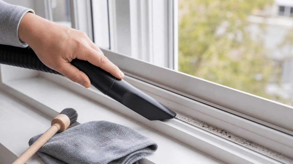 How to clean window tracks using a vacuum crevice tool on dry dirt