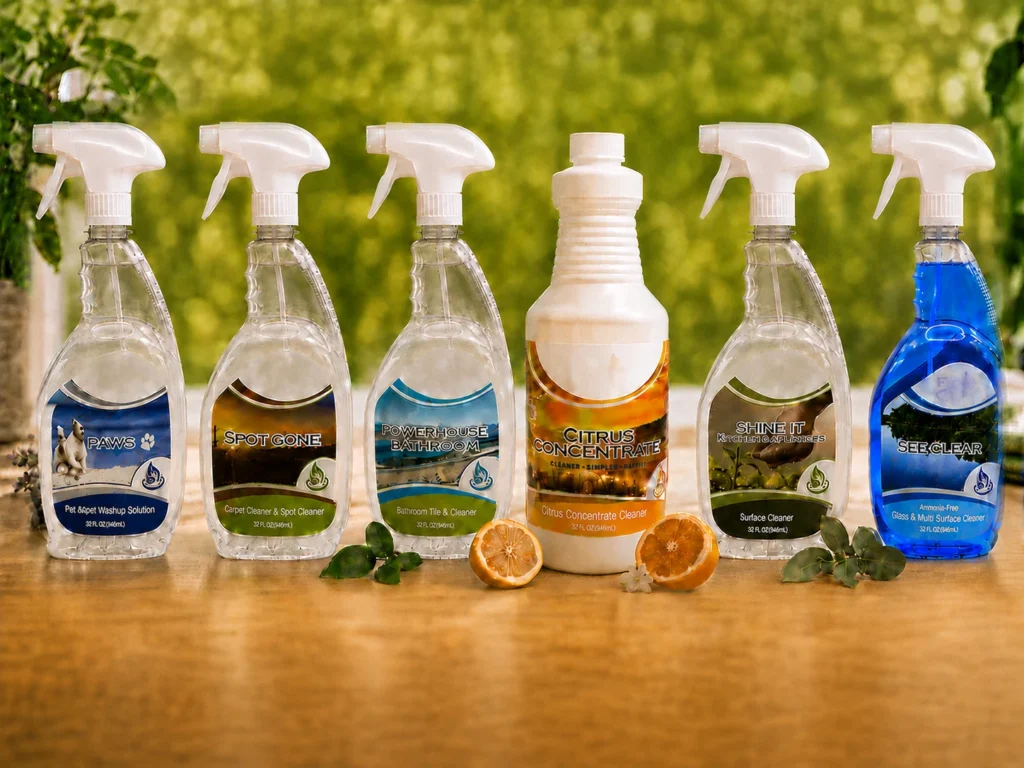 Six Eco Cln cleaning products arranged on a bright counter with Citrus Concentrate centered.