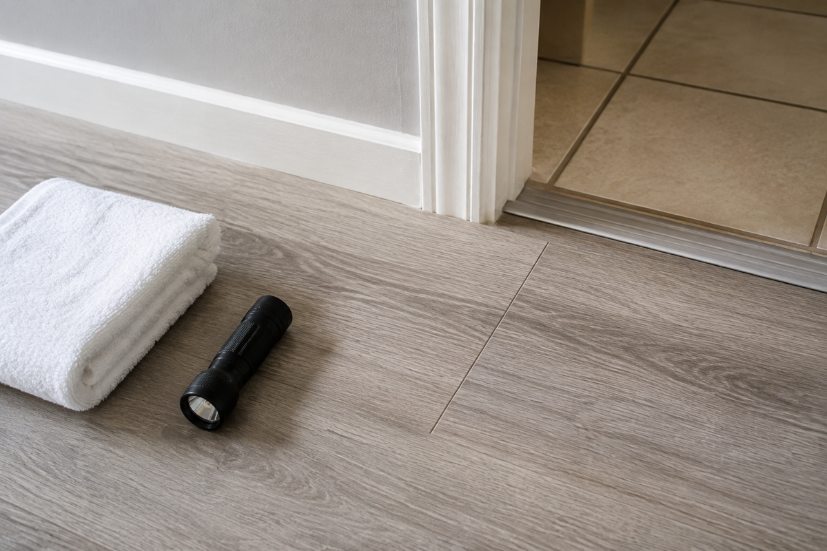 Inspecting vinyl plank seams, floor edges, and a doorway transition after the area dries.