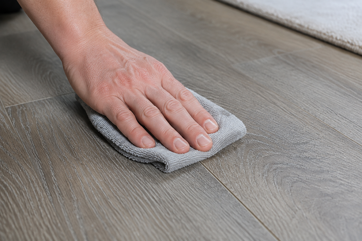 Using controlled moisture and a microfiber cloth along an intact vinyl plank seam.