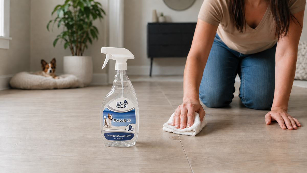 PAWS bottle beside a person blotting a small pet-urine spot near a vinyl plank seam.