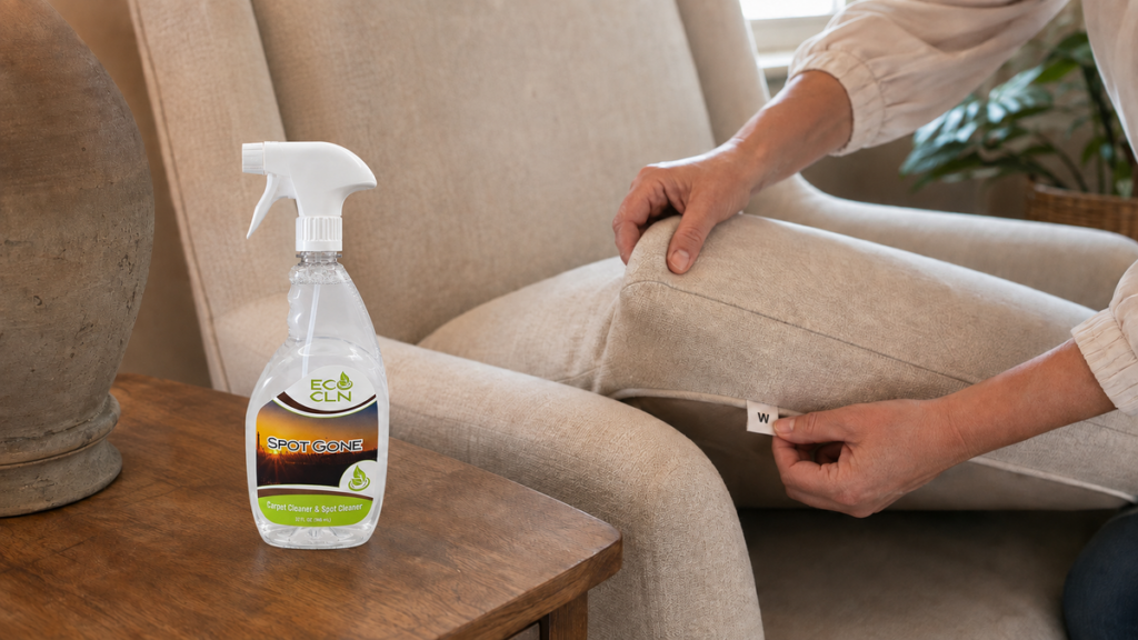 Spot Gone bottle beside an upholstered chair while a person checks its W cleaning-code tag.