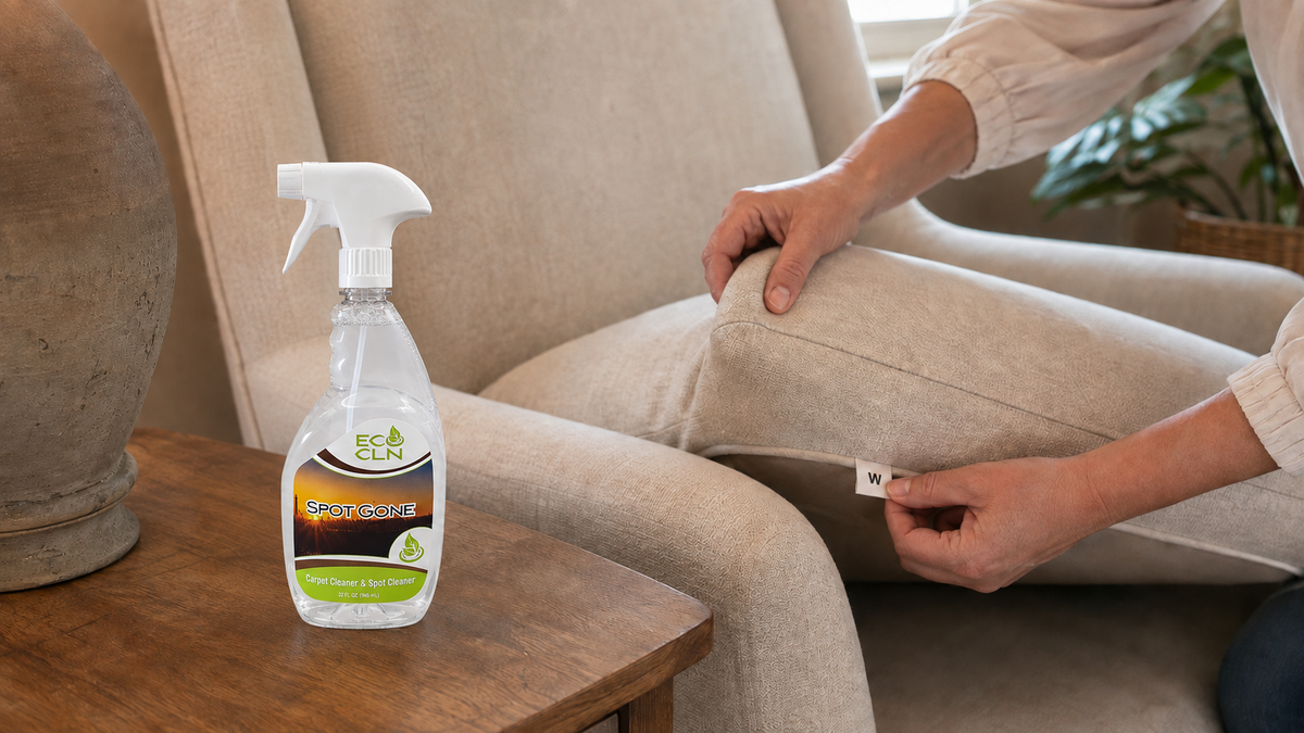 Spot Gone bottle beside an upholstered chair while a person checks its W cleaning-code tag.