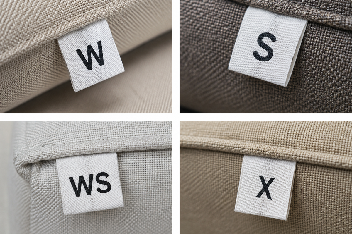 Upholstery care labels showing W, S, WS, and X cleaning codes.