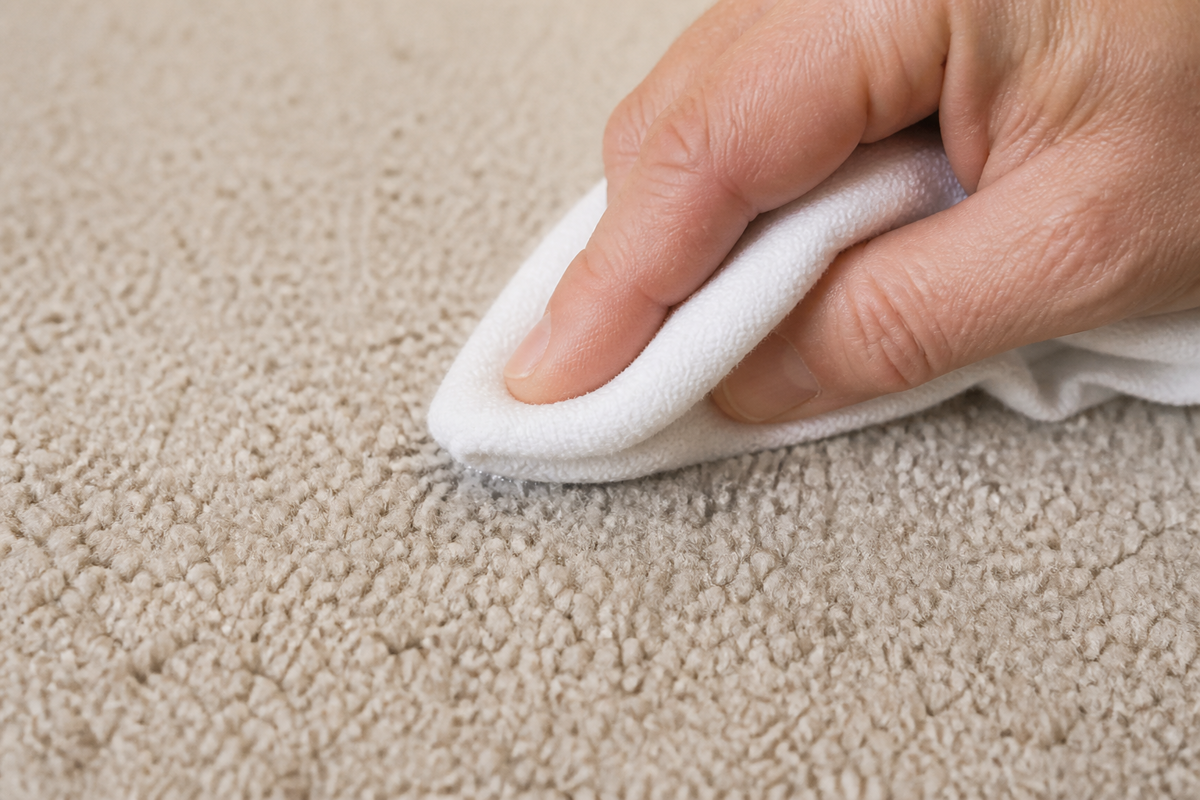 Blotting a small amount of leftover gum residue from intact carpet fibers.