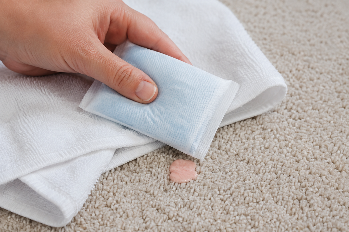 Using a wrapped cold pack to harden chewing gum before lifting it from carpet.