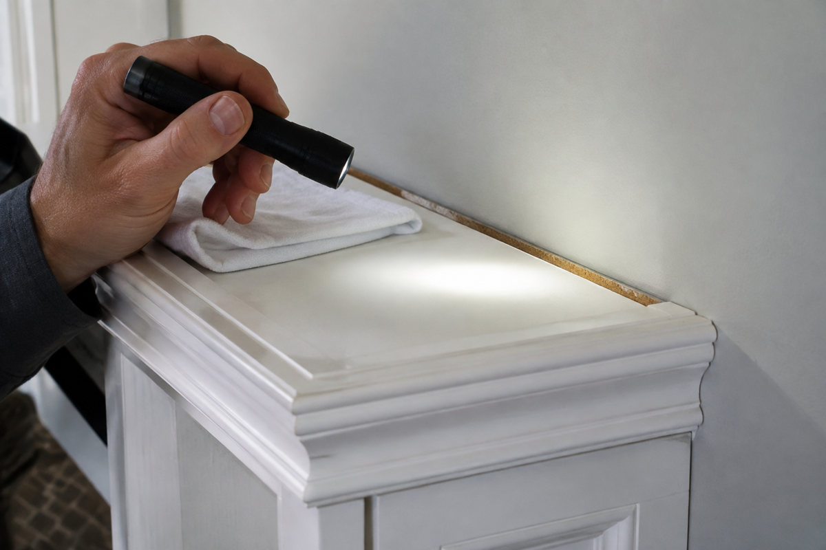 Checking cabinet-top material, seams, edges, and trim before wet cleaning.