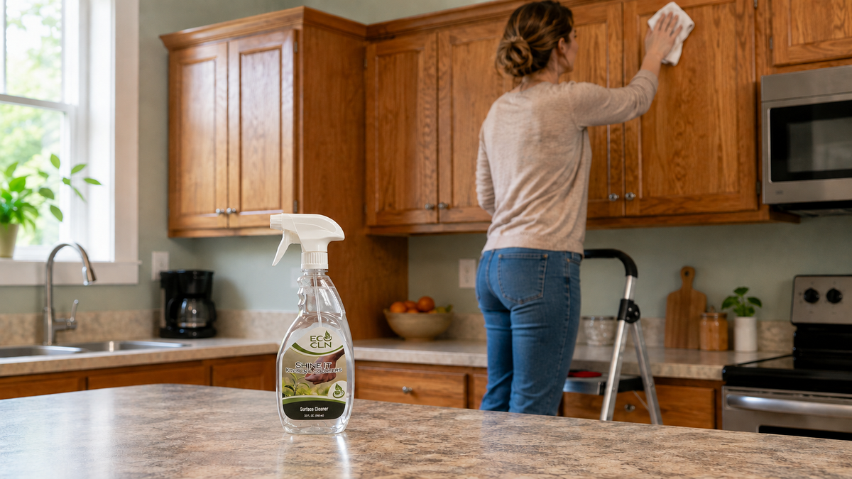 Shine-It bottle on a kitchen counter while a person safely wipes greasy dust from cabinet tops.