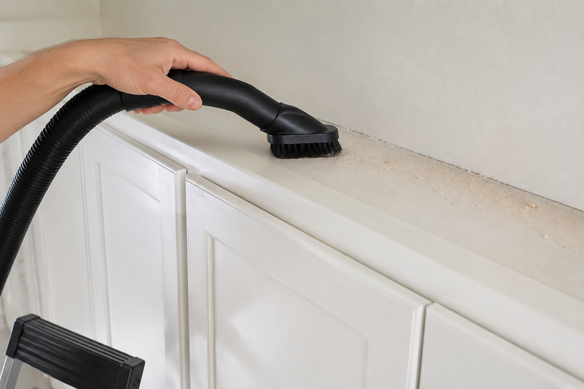 Removing loose dust from kitchen cabinet tops with a soft vacuum attachment.