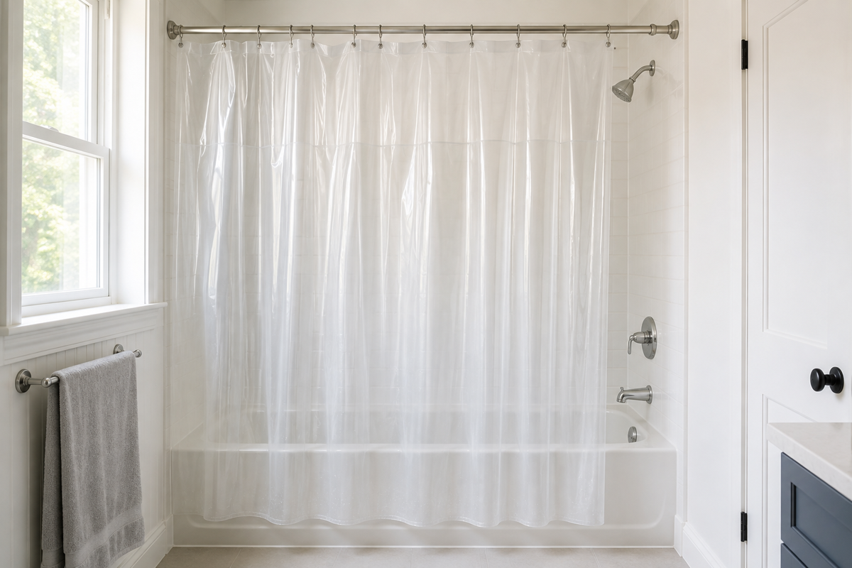 Hanging a rinsed shower liner fully extended so it can dry completely.
