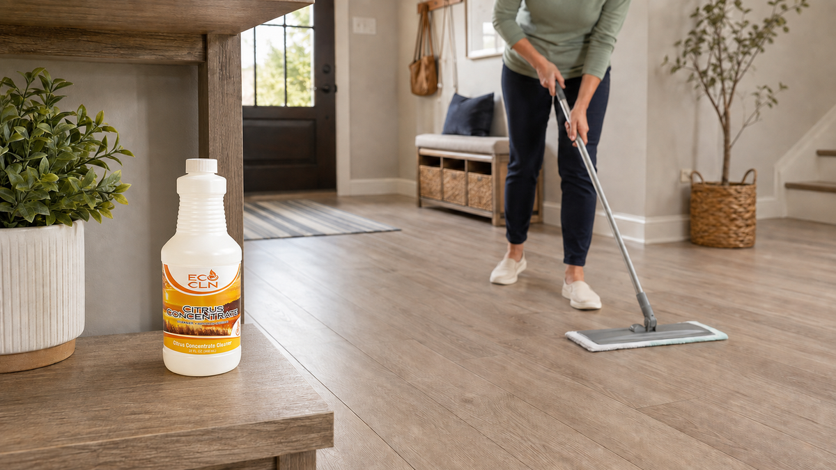 Citrus Concentrate bottle near a person cleaning laminate flooring with a nearly dry microfiber mop.