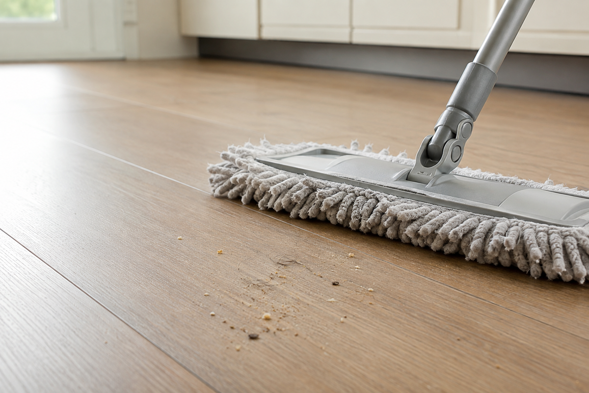 Removing grit from laminate flooring before using a damp microfiber mop.