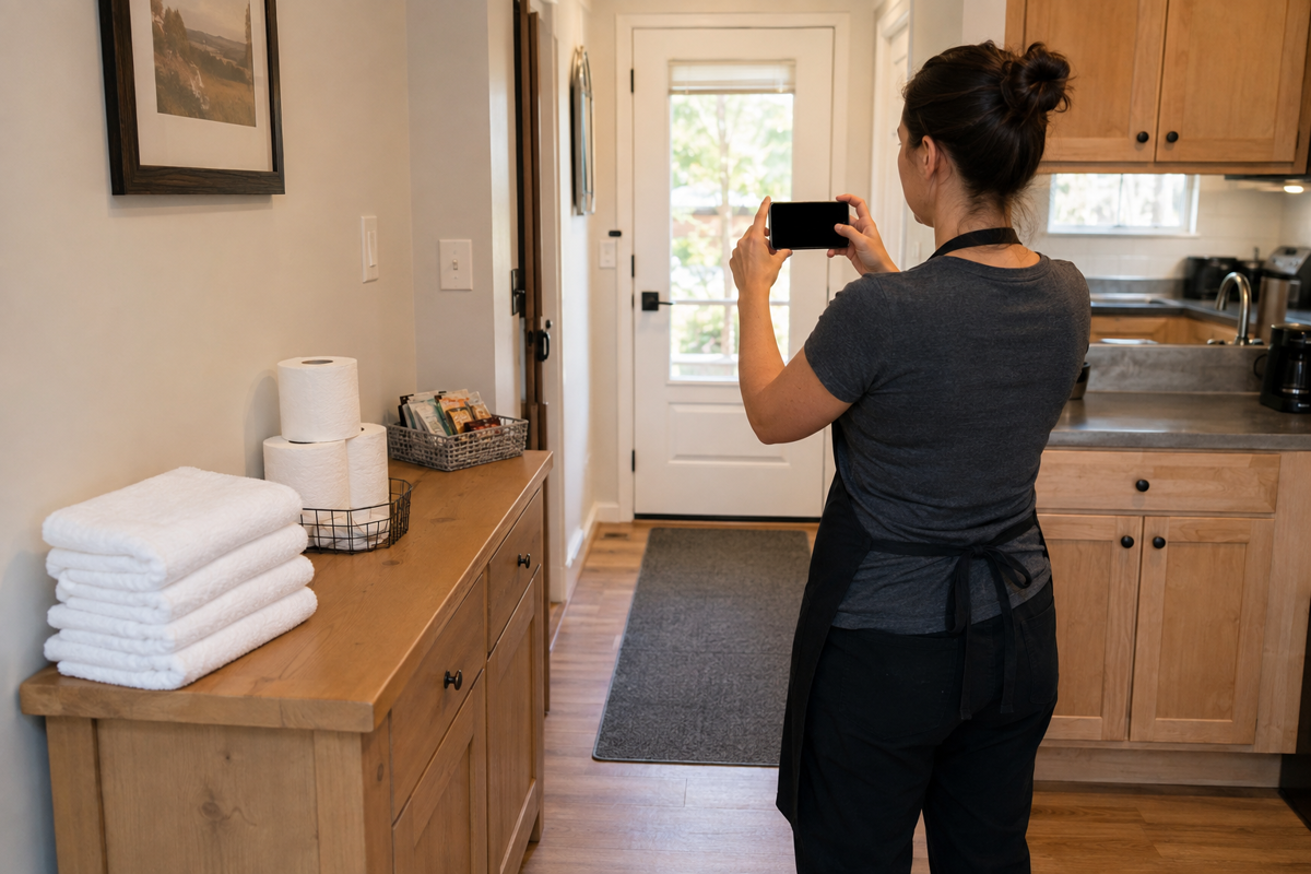 Completing a final guest-ready walkthrough and supply check in a vacation rental.