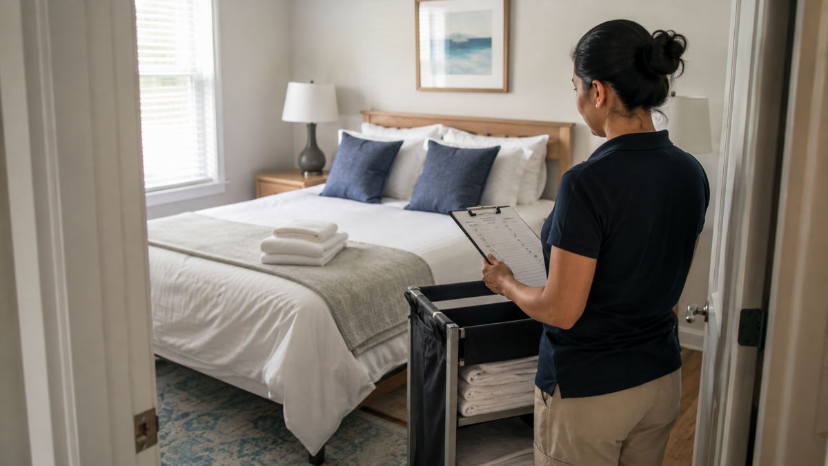 Cleaner checking a vacation rental turnover list in a reset guest room.