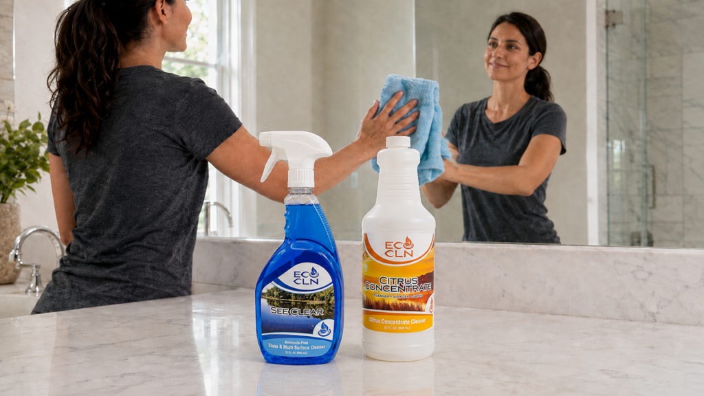 Large See-Clear and Citrus Concentrate bottles beside a mirror-cleaning scene.