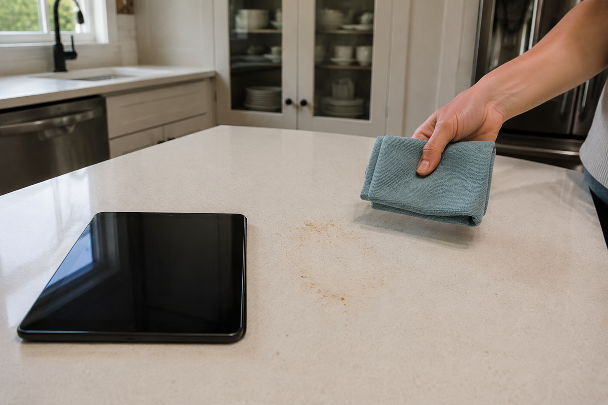 Choosing a cleaning method by comparing a washable counter, glass, and an electronic screen.