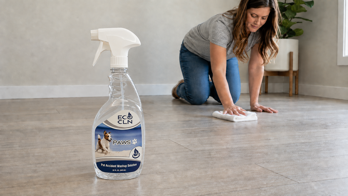 Large PAWS bottle beside a person blotting pet urine from laminate flooring.