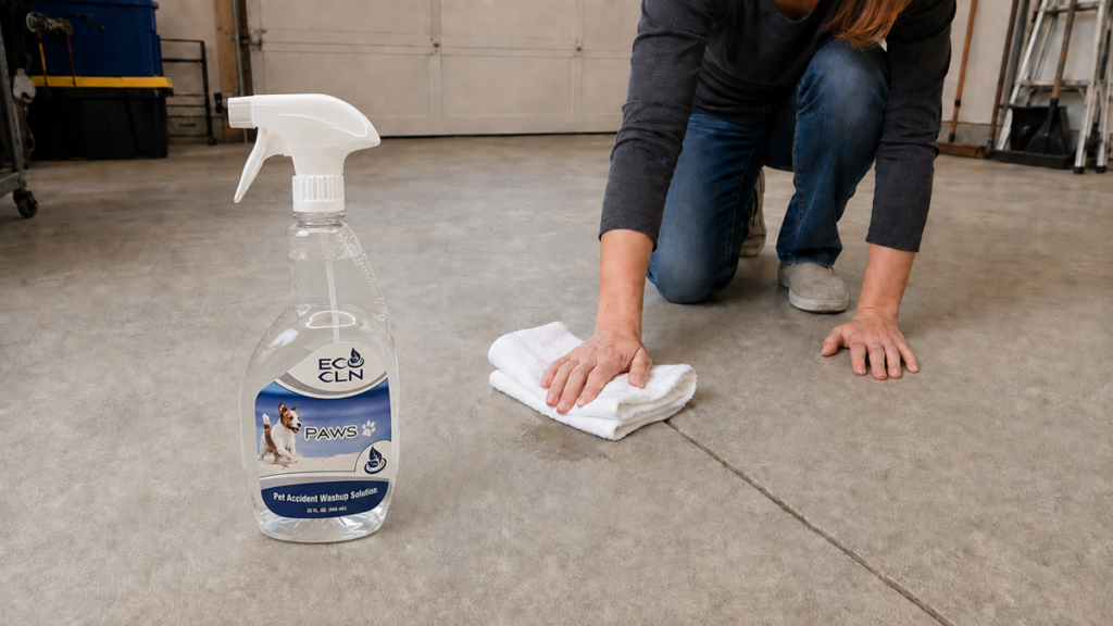 Large PAWS bottle beside a person blotting dog urine from a concrete garage floor.
