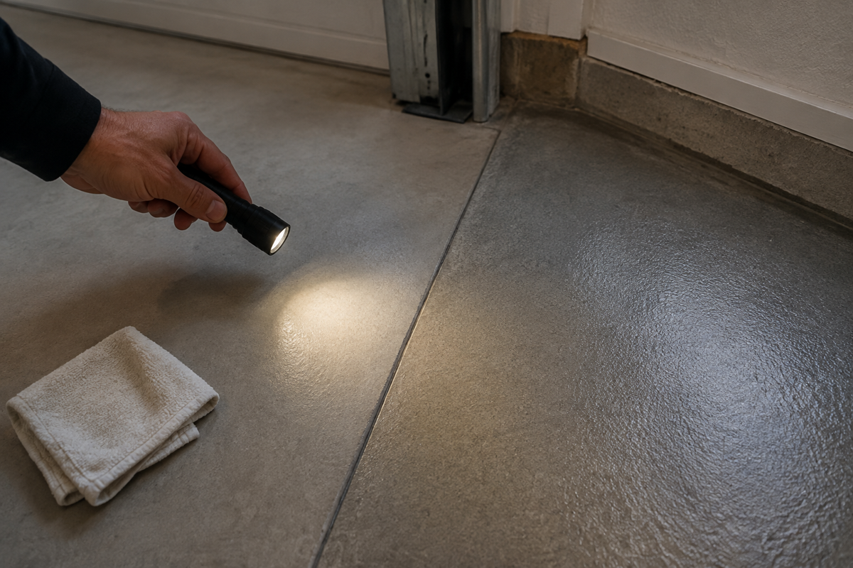 Inspecting concrete texture, a control joint, and coating condition before cleaning.